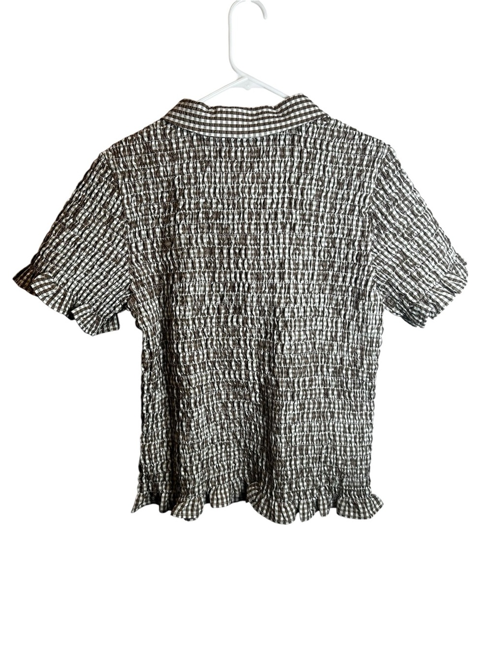 NWT Thread & Supply Top XXL Brown Olive Plaid Gingham Smocked Short Sleeve - Picture 7 of 7